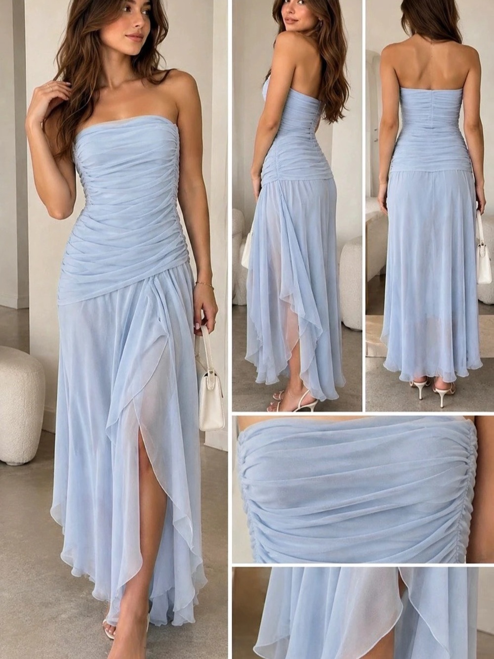 Light Blue Ruched Strapless Maxi Dress